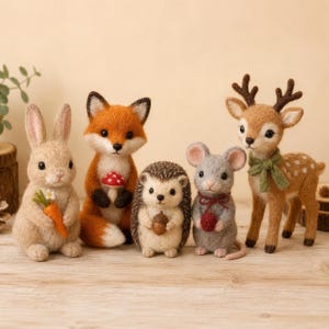 May include: A set of five needle-felted animal figurines including a beige rabbit holding a carrot, an orange and white fox holding a mushroom, a brown hedgehog holding an acorn, a gray mouse with a red berry, and a tan deer with a green scarf.