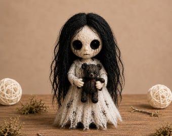 Needle Felt Halloween Gothic Doll Figurine, Creepy Girl With Black Teddy Bear, Handmade Spooky Horror Decor, Goth Oddity Gift