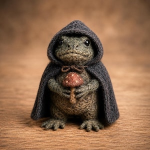 May include: A needle-felted frog figurine with textured olive-green skin and black eyes, wearing a dark charcoal gray hooded cloak tied at the neck with a thin cord. The frog holds a small, brown, spotted mushroom in its front paws.