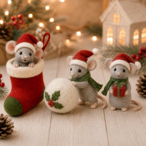 May include: Three needle-felted grey mice wearing red and white Santa hats. One mouse sits inside a red and green felt stocking. Another mouse pushes a white felt ball with a holly embroidery. The third mouse holds a small red gift box.