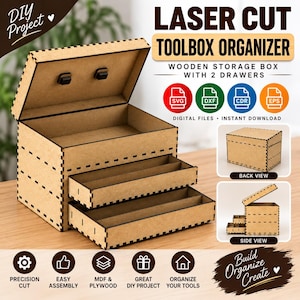 Laserskuren verktygslåda i trä | Gör-det-själv-verktygsförvaringslåda med 2 lådor | CNC-laserskärande MDF/plywoodprojekt