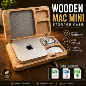 May include: A light-colored wooden storage case for a Mac Mini, featuring a hinged lid with a grey felt lining, a dedicated compartment for the computer, and additional slots for a power cable and mouse. The case includes a small metal lock.