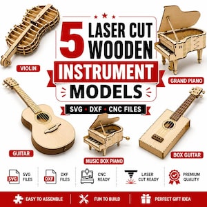 Laser Cut Guitar & Piano SVG Bundle | Musical Instruments Wall Art Svg Dxf Cdr Files | CNC Laser Cut Template | Glowforge Design