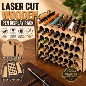 May include: A light-colored wooden pen display rack with multiple circular slots holding various pens. The rack features laser-cut edges and a grid structure. Text on the image includes "LASER CUT WOODEN PEN DISPLAY RACK," "PRECISE LASER CUT," "EASY TO ASSEMBLE," and "PERFECT FOR COLLECTORS & ENTHUSIASTS."