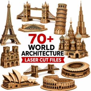 Paquete de más de 70 archivos de corte láser de arquitectura mundial / Monumentos famosos en formato SVG / Torre Eiffel, Pisa, Burj Khalifa / Descarga CNC DXF LightBurn