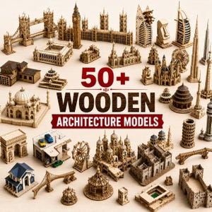 Plus de 50 modèles découpés au laser World Architecture | Fichiers DXF SVG emblématiques | Kit de casse-tête 3D en bois | Plans de routeur CNC et de forge luminescente