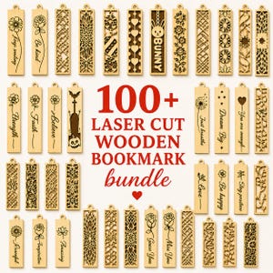 Peut inclure: Une collection de marque-pages rectangulaires en bois avec des motifs découpés au laser et du texte gravé. Les designs incluent des motifs floraux, des formes géométriques et des phrases comme Keep smiling, Be kind, Bunny, Strength, Faith et Dream Big.