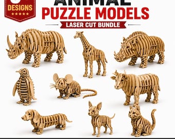 May include: A collection of nine 3D animal puzzle models made from light brown laser-cut wood. The set includes figures of a rhinoceros, giraffe, warthog, penguin, mouse, cow, dachshund, chihuahua, and cat, all featuring a slotted assembly design.