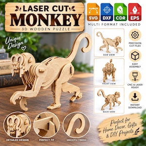 Può includere: Un puzzle 3D in legno a forma di scimmia con componenti tagliati al laser. L'immagine mostra viste laterali, frontali e posteriori della scimmia assemblata. Il testo include LASER CUT MONKEY 3D WOODEN PUZZLE, SVG, DXF, CDR, EPS e icone per file di taglio di precisione, assemblaggio facile, pronto per CNC e laser, e download istantaneo.