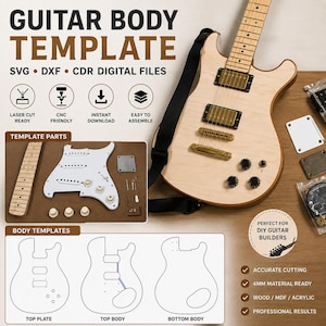 May include: A guitar body template digital file set featuring SVG, DXF, and CDR formats. The image displays a light wood electric guitar, a white pickguard, various hardware components, and technical line drawings labeled top plate, top body, and bottom body.