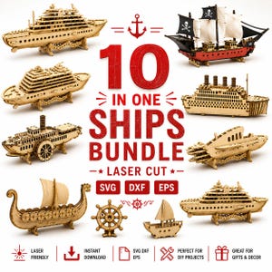 Op de afbeelding: Een digitale collectie van 10 lasergesneden scheepsmodellen, waaronder cruiseschepen, een piratenschip met doodskopvlaggen, een raderstoomboot, een Vikingschip en een scheepsroer. De tekst luidt 10 IN ONE SHIPS BUNDLE LASER CUT SVG DXF EPS.