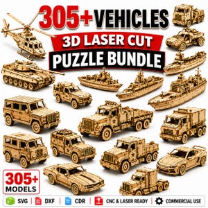 Może przedstawiać: Zestaw puzzli 3D wycinanych laserowo zawierający ponad 305 pojazdów i modeli. Kolekcja obejmuje drewniane miniatury helikopterów, czołgów, różnych ciężarówek, samochodów i statków. Obraz zawiera tekst 305+ VEHICLES 3D LASER CUT PUZZLE BUNDLE.