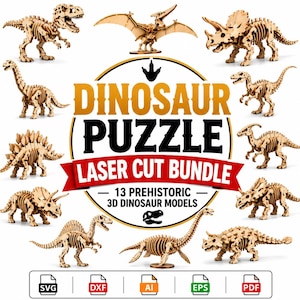 13 Dinosaur Puzzle Svg Bundle | 3D Wooden Dinosaur Models | Laser Cut Files for Glowforge | cnc svg dxf LightBurn | Kids DIY Puzzle