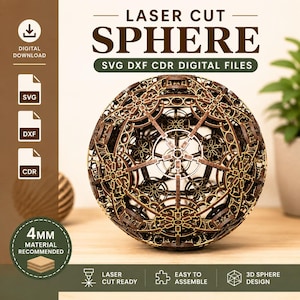 Puede incluir: Una esfera marrón cortada con láser con intrincados patrones geométricos y detalles calados. La imagen incluye el texto: LASER CUT SPHERE, SVG DXF CDR DIGITAL FILES, 4MM MATERIAL RECOMMENDED, DIGITAL DOWNLOAD, LASER CUT READY, EASY TO ASSEMBLE, 3D SPHERE DESIGN.