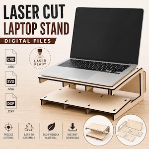 Puede incluir: Un soporte para portátil de madera clara con diseño de dos niveles, que sostiene un portátil plateado. La imagen incluye el texto: LASER CUT LAPTOP STAND DIGITAL FILES, CRD, SVG, DXF, LASER READY, PRECISE CUTTING, EASY TO ASSEMBLE, ECO FRIENDLY MATERIAL, INSTANT DOWNLOAD.