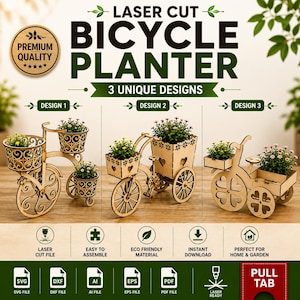 Pode incluir: Três designs de floreiras de madeira cortadas a laser em forma de bicicleta, com volutas intrincadas, recortes em forma de coração e rodas com padrões de trevo. Cada modelo inclui pequenos cestos ou recipientes com plantas artificiais.