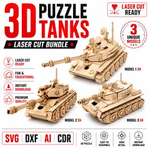 以下が含まれることがあります： 3つの異なる木製戦車モデルを含む3Dパズルバンドル。画像には「3D PUZZLE TANKS」、「LASER CUT BUNDLE」、「3 UNIQUE MODELS」というテキストと、SVG、DXF、AI、CDRのファイル形式が表示されています。各戦車モデルには、レーザーカットによる詳細なパーツが示されています。