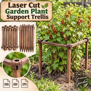 Puede incluir: Un enrejado de soporte para plantas de jardín cortado con láser en madera marrón oscuro. El set incluye piezas de conexión planas y estacas puntiagudas. Un recuadro circular muestra la unión de esquina. Texto: Laser Cut Garden Plant Support Trellis.
