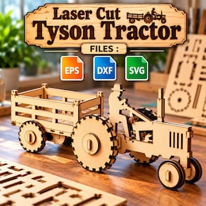 Könnte beinhalten: Ein lasergeschnittenes Holz-Traktormodell mit Anhänger, das eine Fahrerfigur und große zahnradartige Räder aufweist. Über dem Modell steht ein Schild mit der Aufschrift Laser Cut Tyson Tractor FILES: EPS, DXF und SVG, inklusive Icons.