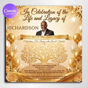 May include: A gold-themed funeral programme template featuring a central portrait of a man, a stylised golden tree, and balloons. Text includes In Celebration of the Life and Legacy of RICHARDSON, Sunrise: April 24, 1986, Sunset: May 12, 2025, and event details.