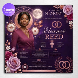May include: A funeral program template featuring a portrait of a woman in a plum dress, surrounded by roses, a moon, and compasses. Text includes IN LOVING MEMORY OF, Eleanor Reed, dates, and event details. The design uses a deep purple color palette.
