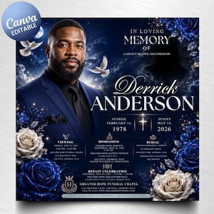 May include: A funeral program template featuring a portrait of a man in a blue suit, surrounded by blue and white roses and flying doves against a starry night sky. Text includes In Loving Memory of Derrick Anderson, dates, and service details.