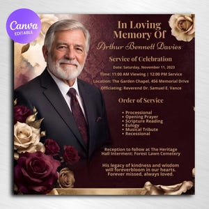 May include: A funeral program template featuring a portrait of an older man with a white beard in a dark suit and tie. The design includes deep burgundy and gold floral accents, with text reading In Loving Memory Of Arthur Bennett Davies.