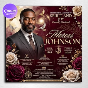 Op de afbeelding: Een uitvaartprogramma-sjabloon met een portret van een man in een donker pak, omringd door donkerrode en crèmekleurige rozen, witte duiven en gouden accenten. De tekst luidt Celebrating a Legacy of Spirit and Joy, Marcus Johnson.