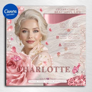 May include: A digital funeral program template featuring a portrait of a blonde person, pink roses, and butterflies. Text includes CELEBRATING A BEAUTIFUL LIFE, CHARLOTTE, and service details for Greater Hope Baptist Church in Atlanta, Georgia.