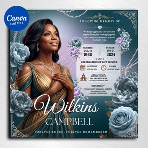 May include: A funeral program template featuring an illustration of a person in a gold and teal gown, surrounded by blue and purple roses. Text includes IN LOVING MEMORY OF, Wilkins CAMPBELL, sunrise July 12 1960, sunset June 21 2024, and service details.