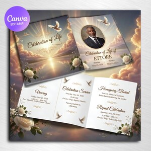 May include: A funeral programme template featuring a sunset sky with clouds, white roses, and flying doves. The text includes Celebration of Life, Ettore, Sunrise 23 May 1954, Sunset 24 May 2025, Viewing, Celebration Service, and Homegoing Burial details.
