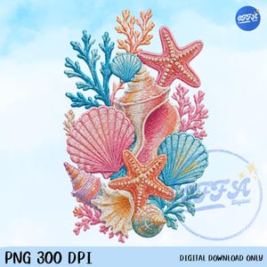 Può includere: Un'illustrazione digitale che presenta una disposizione in stile ricamo di vita marina, inclusi conchiglie rosa e blu, stelle marine arancioni e rosa, e rami di corallo blu e rosa. Il testo OFFA Digital appare nell'angolo in alto a destra.