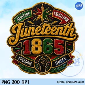 Puede incluir: Un emblema detallado del Juneteenth con las palabras "Juneteenth 1865" en oro, rojo y verde. El diseño incluye las palabras "Herencia", "Excelencia", "Libertad" y "Unidad". Un puño en alto está en el centro, con una estrella y un borde de cuerda.