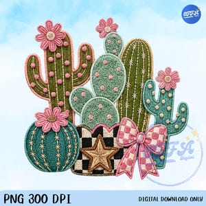 Puede incluir: Una colección de diseños de cactus bordados en varios tamaños y formas, con colores verde, rosa y turquesa. Cada cactus tiene un diseño floral detallado y está acentuado con flores rosas. La imagen incluye el texto "PNG 300 DPI" y "DIGITAL DOWNLOAD ONLY".