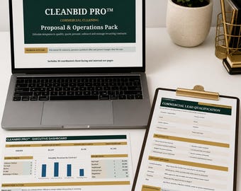 Calculadora de presupuestos de limpieza comercial / Plantilla de propuesta, hoja de cálculo de precios y panel de control ejecutivo