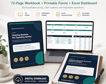 Kit de inicio para negocios de limpieza: Libro de trabajo de 72 páginas, formularios para clientes, calculadora de precios, panel de control de Excel.