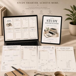 May include: A laptop and tablet showing a study planner with the text "STUDY MASTER PLANNER". Several printed planner pages are displayed, including "Semester Overview" and "Weekly Planner". A pen, notebook, and a coffee cup are also visible.