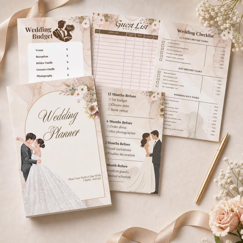 May include: A set of wedding planning stationery, including a planner, budget sheet, guest list, and checklist. The items feature floral accents and illustrations of a couple. A gold pen and ribbon are also present.