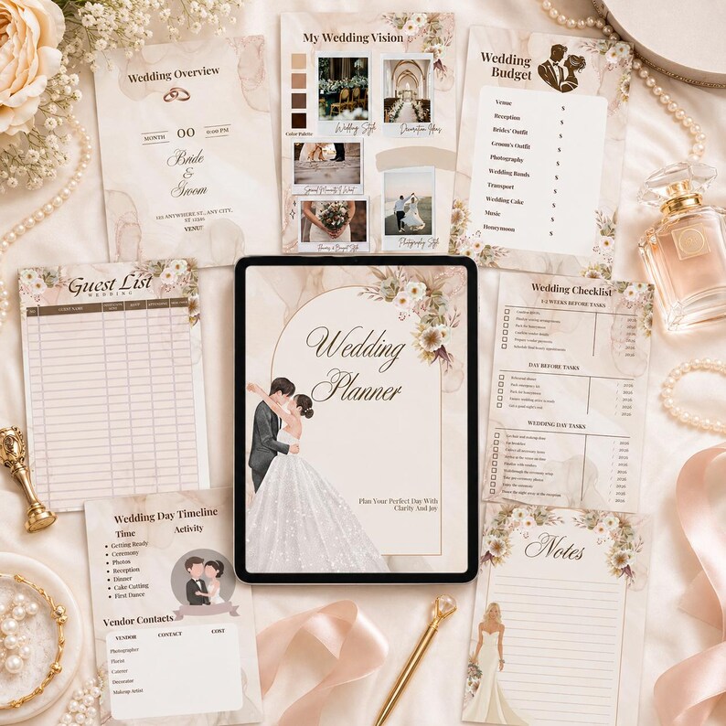 May include: A selection of wedding planning stationery, including a tablet with "Wedding Planner" text, checklists, and a guest list. The items are decorated with floral accents and arranged on a white surface.