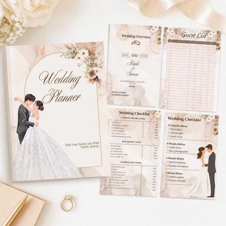May include: A wedding planner set, including a notebook and checklists. The notebook displays a couple embracing, with the words "Wedding Planner" and "Plan Your Perfect Day With Clarity And Joy." Checklists include "Wedding Overview" and "Guest List."
