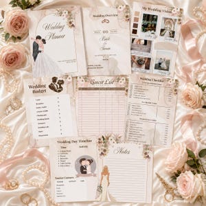 May include: A selection of wedding planning stationery, including a planner, budget sheet, guest list, and checklist. The items feature floral accents, illustrations of a bride and groom, and the text "Wedding Planner" and "Wedding Overview". Soft pink roses and pearls surround the stationery.
