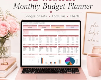Planificador de presupuesto de 12 meses / Seguimiento financiero en Google Sheets, facturas, ahorros y panel de control anual