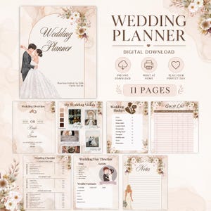 May include: A digital wedding planner with a floral design. The cover features a couple embracing, with the words "Wedding Planner." The planner includes sections for wedding overview, budget, guest list, and more. The text "Digital Download" is also visible.