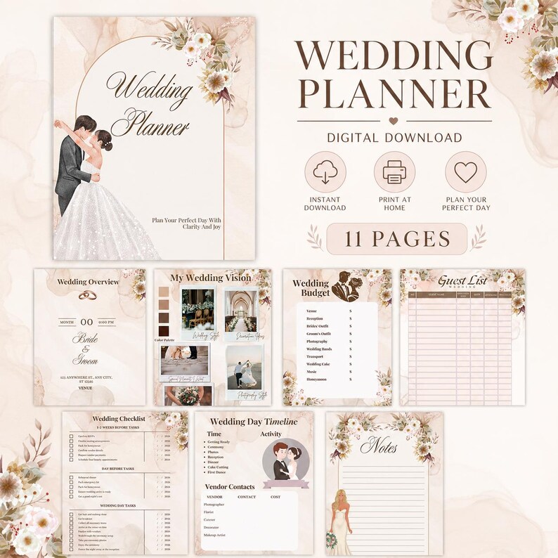May include: A digital wedding planner with a floral design. The cover features a couple embracing, with the words "Wedding Planner." The planner includes sections for wedding overview, budget, guest list, and more. The text "Digital Download" is also visible.
