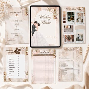 May include: A digital wedding planner set with a tablet and printed pages. The tablet shows a "Wedding Planner" title and a couple embracing. Other pages include a budget, guest list, and checklist, all with floral decorations.