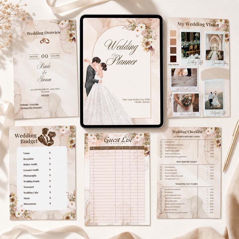 May include: A digital wedding planner set with a tablet and printed pages. The tablet shows a "Wedding Planner" title and a couple embracing. Other pages include a budget, guest list, and checklist, all with floral decorations.