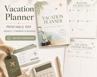 Planificador de vacaciones en PDF / Itinerario de viaje, lista de equipaje, diario de presupuesto