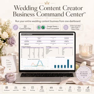 Könnte beinhalten: Ein digitales Business-Dashboard für Hochzeits-Content-Ersteller auf einem Laptop-Bildschirm. Die Benutzeroberfläche enthält Registerkarten für Leads, CRM, Kunden, Buchungen, Preisgestaltung, Zahlungen, Shot-Listen und monatliche Analysen.