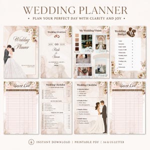 May include: A wedding planner with a soft, floral design. The planner includes sections for wedding overview, budget, checklist, guest list, and vision. The text reads "Wedding Planner" and "Plan Your Perfect Day With Clarity and Joy."