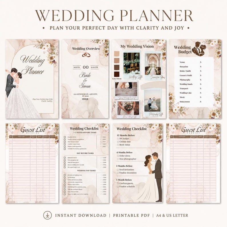 May include: A wedding planner with a soft, floral design. The planner includes sections for wedding overview, budget, checklist, guest list, and vision. The text reads "Wedding Planner" and "Plan Your Perfect Day With Clarity and Joy."